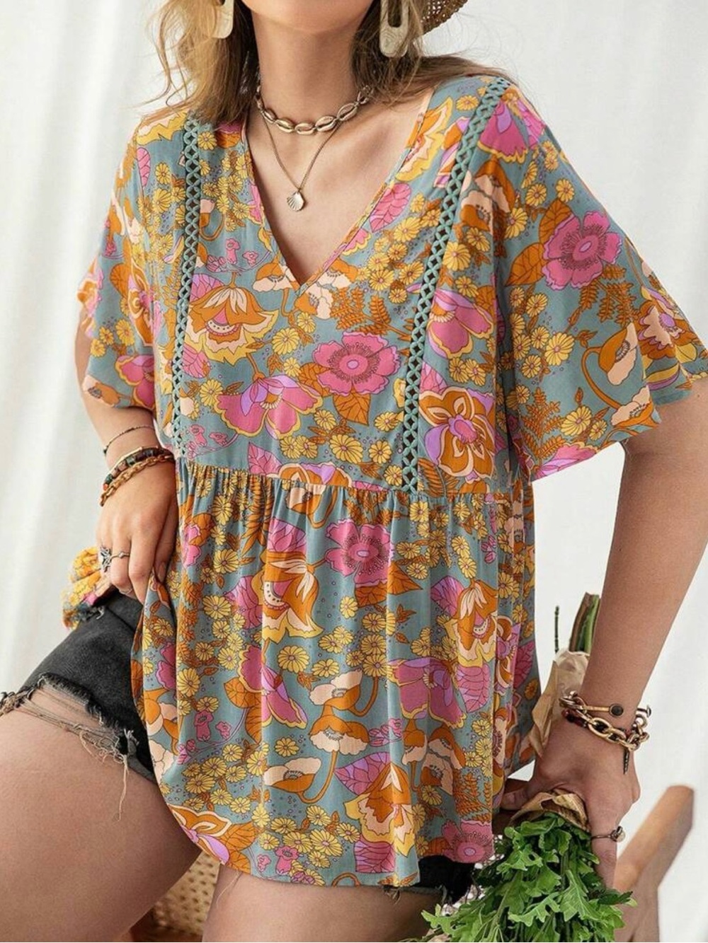 Rusttydustty Floral V-Neck Boho Tunic Top — Sage with Pink & Mustard Floral